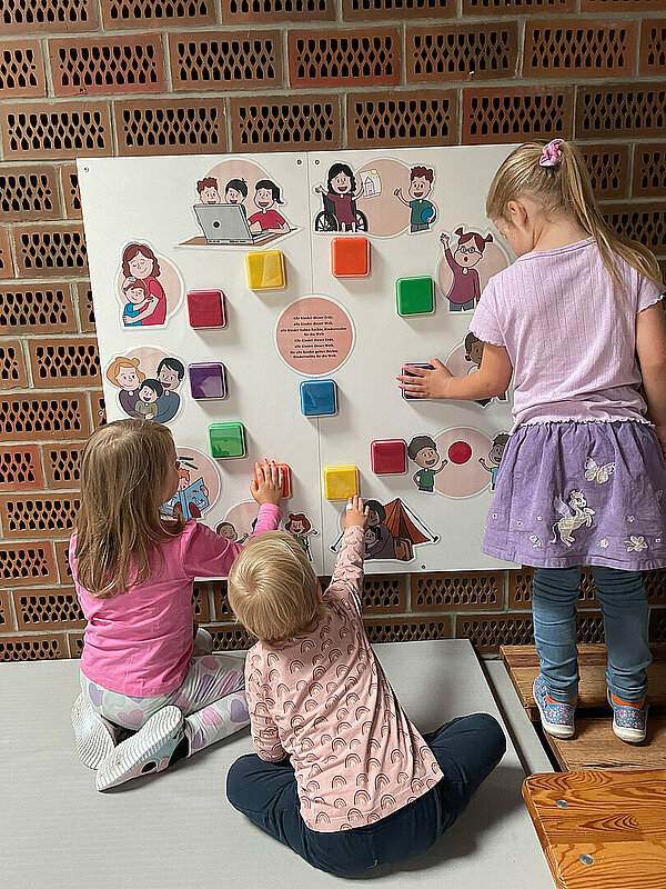 Bild anschauen, Knopf drücken, Kinderrecht hören: In der KiTa St. Bonifatius in Bochum erleben die Kinder ihre Rechte mit allen Sinnen. Auf einer großen Holzwand sind zehn Kinderrechte mit entsprechenden Symbolen abgebildet, darunter ein Schalter. Wird er gedrückt, ertönt das entsprechende Kinderrecht, das die Kinder selbst eingesprochen haben. Jeden Freitag wird im gemeinsamen Morgenkreis mit allen Kindern ein Bild von der Wand ausgewählt und über den Inhalt diskutiert.